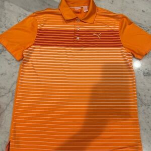 Boys Large Puma Orange Golf Polo with White and Maroon Stripes. Dry Cell tech